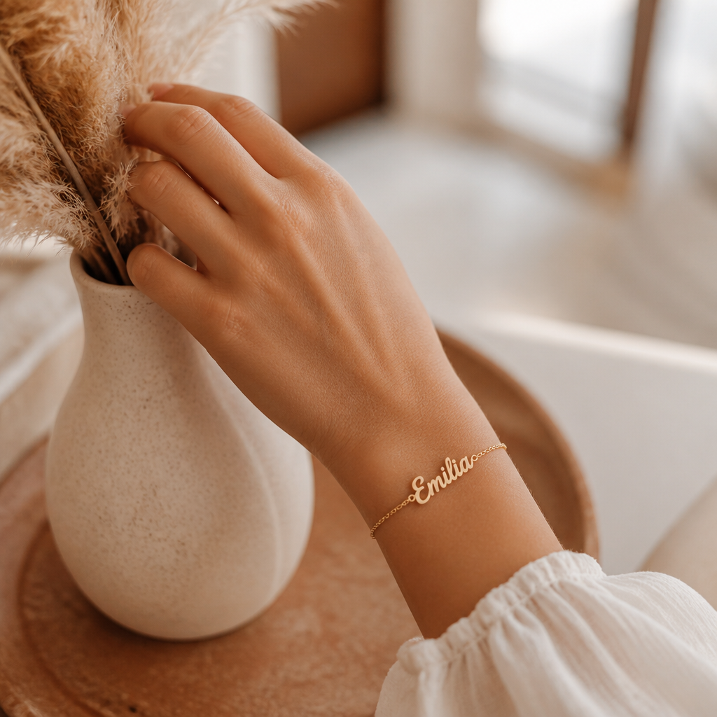 Personalisiertes Namensarmband in Gold mit dem Namen Emilia